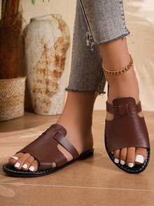 New Spring/Summer Fashion Casual Slip-On Sandals, Casual Flat Slides, Beach Sandals, Vacation Style Versatile Flat Slip-On Women's Sandals - Coffee Brown - View 3
