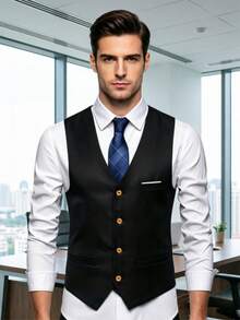 4-Button New Suit Vest For Men, Groomsmen Formal Attire, Business Casual Lightweight Waistcoat, Korean Style - Black - View 3