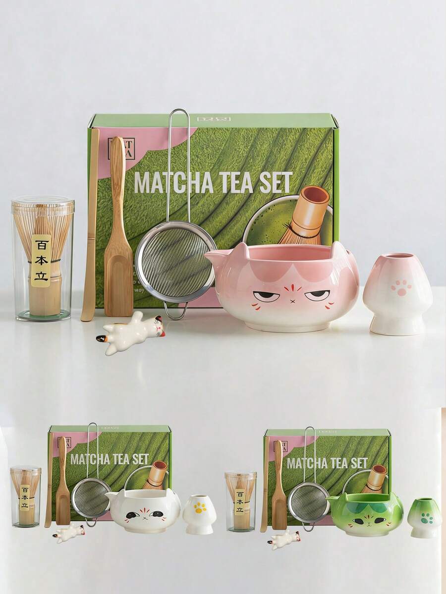 Gift Box Ceramic & Bamboo Matcha Tool Set, Cartoon Cat Face Matcha Bowl & Whisk Stand Combo, Japanese Healing Cute Style, Portable Afternoon Tea Tea Ceremony Utensils Gift - Multicolor - View 1
