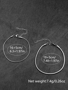 2pcs Minimalist Plain Chain Stainless Steel Couple Snake Chain Bracelet Set, Unisex Valentine's Day Bracelet, Suitable For Daily Commute And Versatile Accessory - Silver - View 4