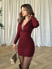 Dirp Women's Autumn Ruched Texture Deep V Neck Long Sleeve Bodycon Short Dress, Suitable For Party, Graduation, Date, Commute - Burgundy - View 4