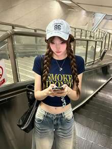 女款圓領短袖T恤，夏季新款字母印花，美式辣妹風，時尚休閒百搭修身短版上衣 - 藏青 - 查看 9