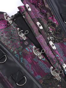 Gothic Patchwork Floral Jacquard Strapless Corset Black Faux Leather Panel Multi D Ring Decor Front Hook Waist Trainer Halloween Cosplay Party Shaper - Purple - View 5