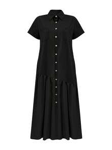 Gaun Maxi Wanita Lengan Pendek Berkerah Warna Hitam Polos, Kancing Depan & Desain Saku, Hem Berumbai Berlapis, Gaun Panjang Kasual Longgar dan Mengalir - Hitam - View 5