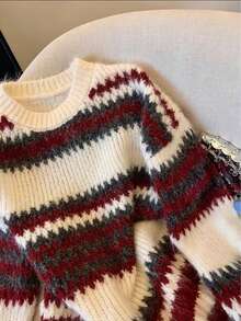 Women's Burgundy Stripe Knitted Drop Shoulder Sweater, Long Sleeve Round Neck Relaxed Fit Top For Winter And Fall Red - Red - View 8