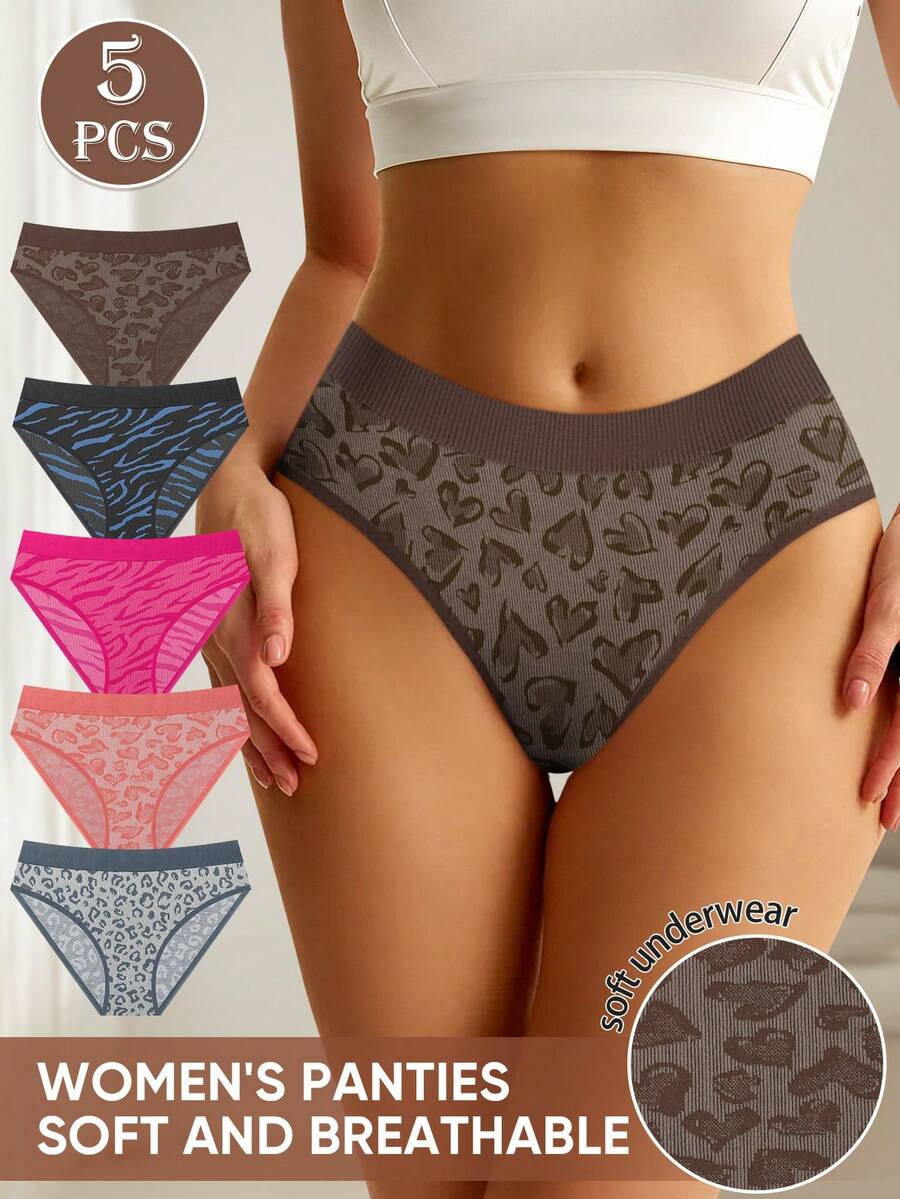 MEIYATING 5件組女款低腰豹紋無縫內褲，高彈性，貼身舒適