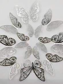 Hollow Butterfly Wall Stickers, Metal Texture Wall Decor, Suitable For Wall Decoration, Wedding Arrangement, Living Room Home Decor, Bedroom, Entryway, Hallway Decoration, Butterfly Stickers, Room Decoration And Wall Stickers, Autumn Home Decor, Halloween Home Decor - Silver - View 1