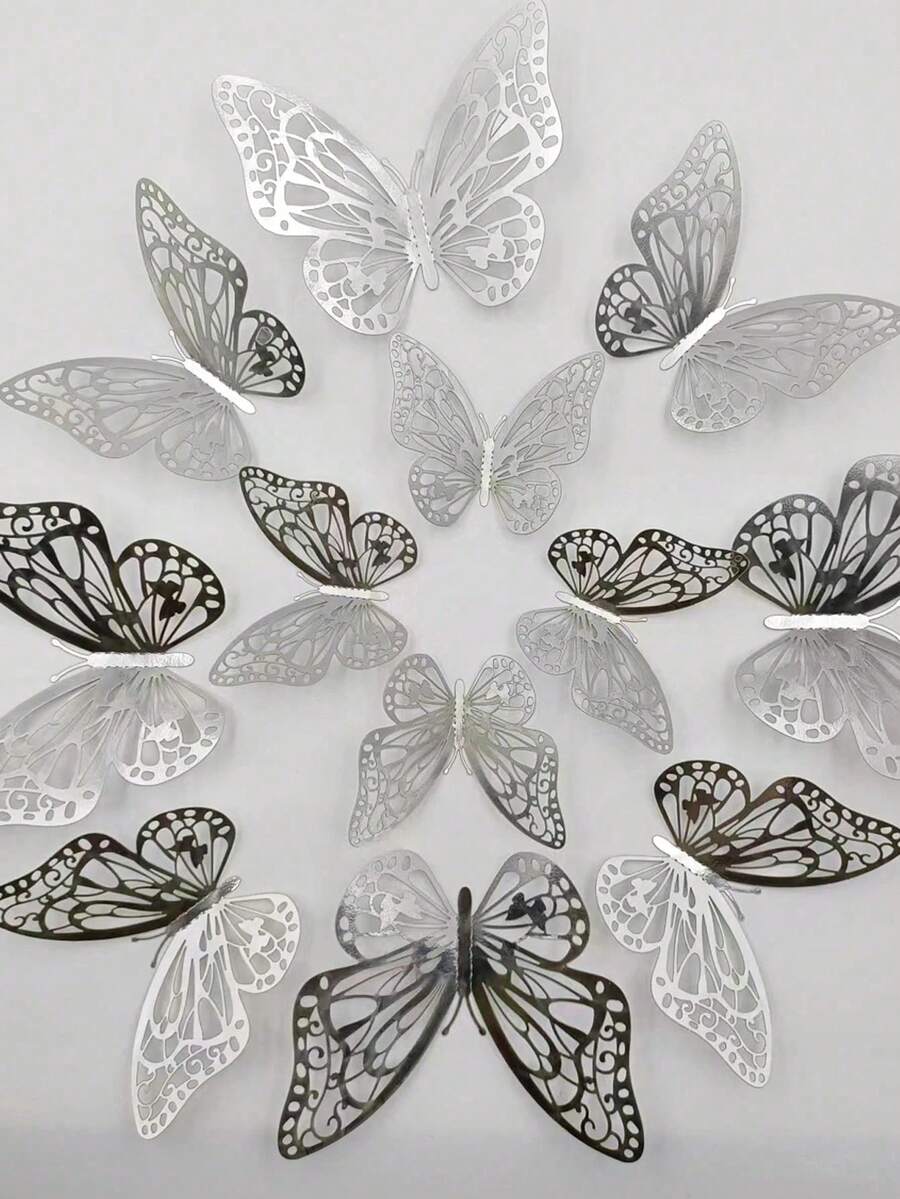 Hollow Butterfly Wall Stickers, Metal Texture Wall Decor, Suitable For Wall Decoration, Wedding Arrangement, Living Room Home Decor, Bedroom, Entryway, Hallway Decoration, Butterfly Stickers, Room Decoration And Wall Stickers, Autumn Home Decor, Halloween Home Decor - Silver - View 1