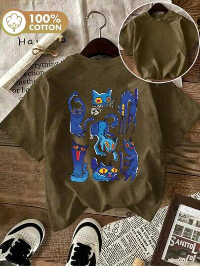 T-shirt da donna verde militare a maniche corte, girocollo, spalle scese, a coste, con simpatica stampa di gatti dei cartoni animati, ideale per il tempo libero, top per primavera ed estate, stile Y2K.