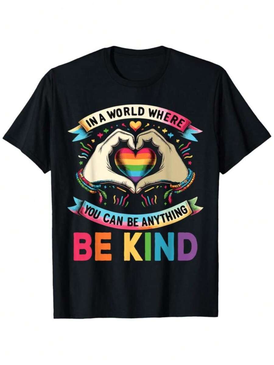 100% Cotton In A World Where You Can Be Anything Be Kind Gay Pride LGBT T-Shirt - 黑色 - 查看 1
