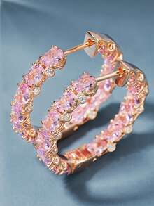 Light Luxury Design Pave Full Pink Zirconia Earrings, European And American High-End Fashion Ethereal Ear Jewelry, Suitable For Daily Wear, Festivals, Parties And Gifts - Earrings - View 2