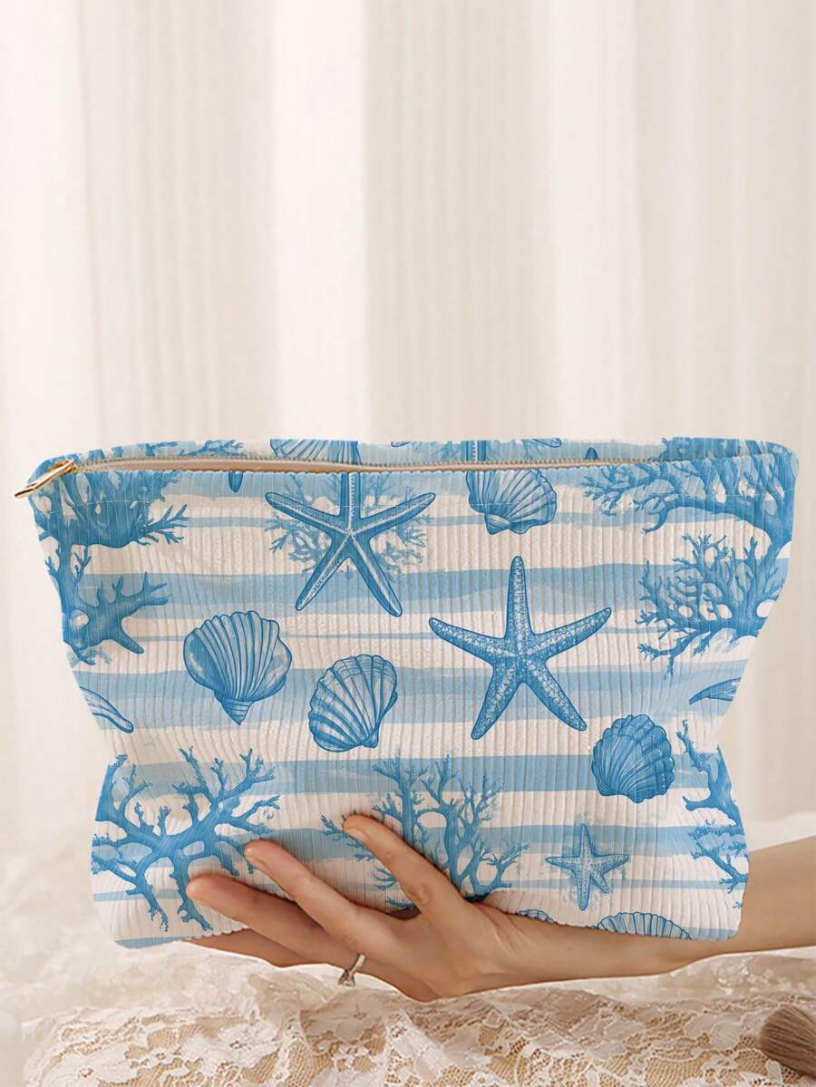 1pc Portable Cosmetic Storage Bag Ocean Series Shell & Starfish Pattern Double-Sided Print Travel Zipper Makeup Bag Multi-Functional Toiletries Organizer - Multicolor - View 1