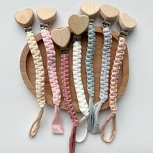 [Estilo de marco de madera con forma de corazón] 1 pieza Cadena de chupete de tela tejida a mano, opciones de varios colores, juguete mordedor de chupete con cordón anti-pérdida - Cadena para chupete con clip de madera en forma de corazón - Ver 4