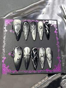 10pcs Gothic Punk Handmade Nail Art Set, Girls Nail Art, Cute Nail Art, Cat Eye Nail Art, Nail Supplies, Nail Stickers, Nail Art, Cat Eye, Y2K Nail Art, Reusable Fake Nails, Suitable For Girls And Women To Wear At Parties And Daily - Multicolor - View 12