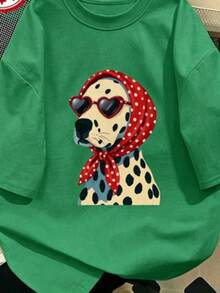 Women's 100% Cotton T-Shirt With Dalmatian Print, Dog Graphic With Red Polka Dot Bandana, Casual Loose Fit, Short Sleeve, Fun And Unique Gift For Dog Lovers - 綠色 - 查看 6