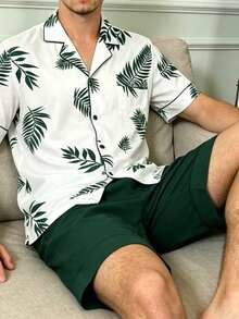Men's Summer Pajama Set, Lapel Cardigan, Minimalist Leaf Design, Short Sleeve, Shorts, Casual Loungewear - Multicolor - View 4
