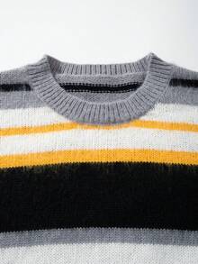 Sweater Pullover Rajut Pria Model Kasual Leher Bulat Lengan Panjang Bergaris Warna Blok Gaya Kampus, Musim Gugur/Dingin - Grey - View 8