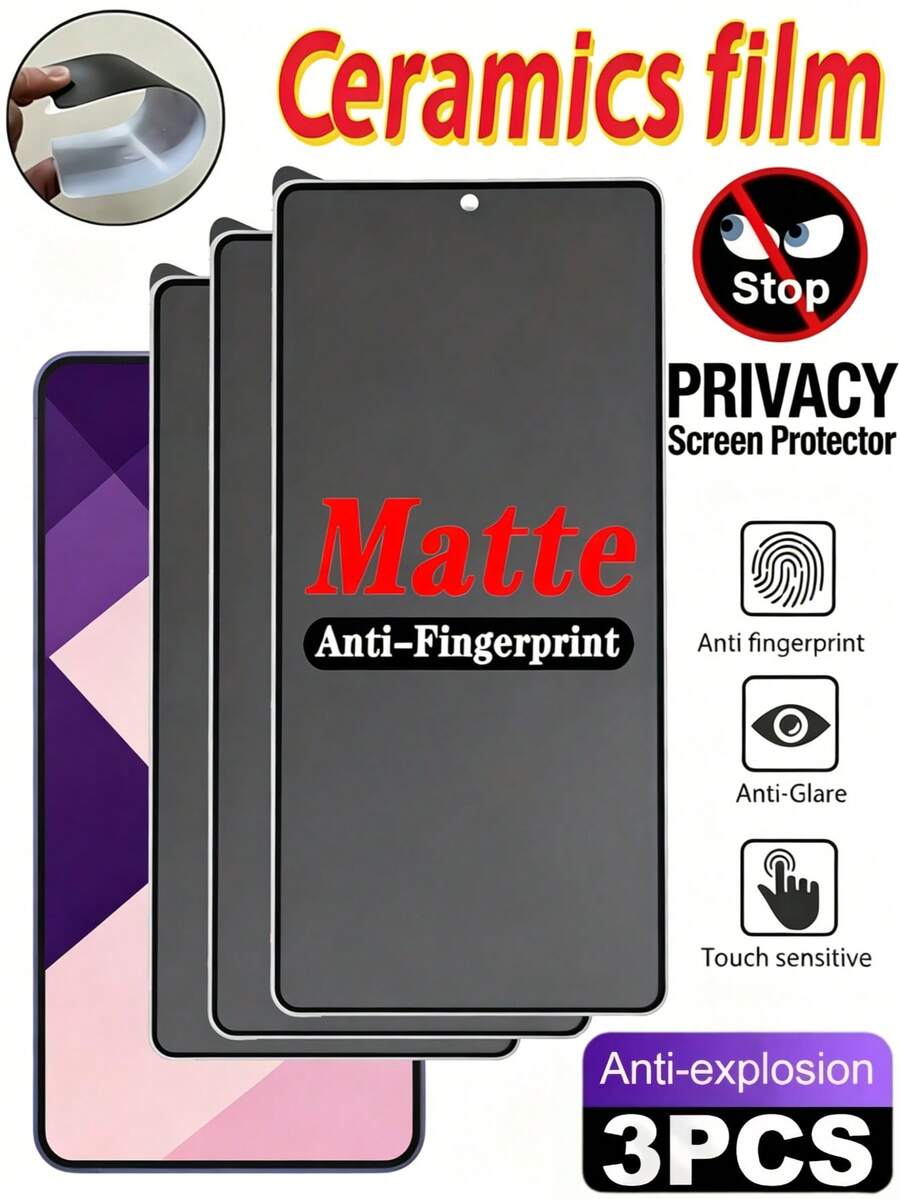 LissKas 3片裝磨砂防窺陶瓷柔性膜，防眩光、防指紋、防窺，適用於 Galaxy A57 A27 S26 S25 S24 Ultra FE / 適用於 17T 15T 14T Pro Poco / Note 13 14 14C 15C 4G 5G / 適用於 iPhone 17 Pro Max，辦公室/地鐵隱私保護，防爆、防刮、無氣泡保護膜，不支援指紋辨識，軟膜