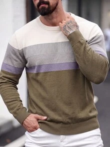 SU ER 1pc Men's Autumn/Winter Casual Striped Knit Sweater - Olive Green - View 7