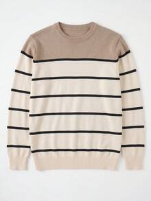 SU ER 1pc Men's Autumn/Winter Casual Striped Knit Top - Apricot - View 7