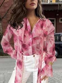 Ruffled Floral/Ruffle Trim Faux Pearl Layered Casual Ditsy Floral Shirt Pink Spring - Pink - View 2