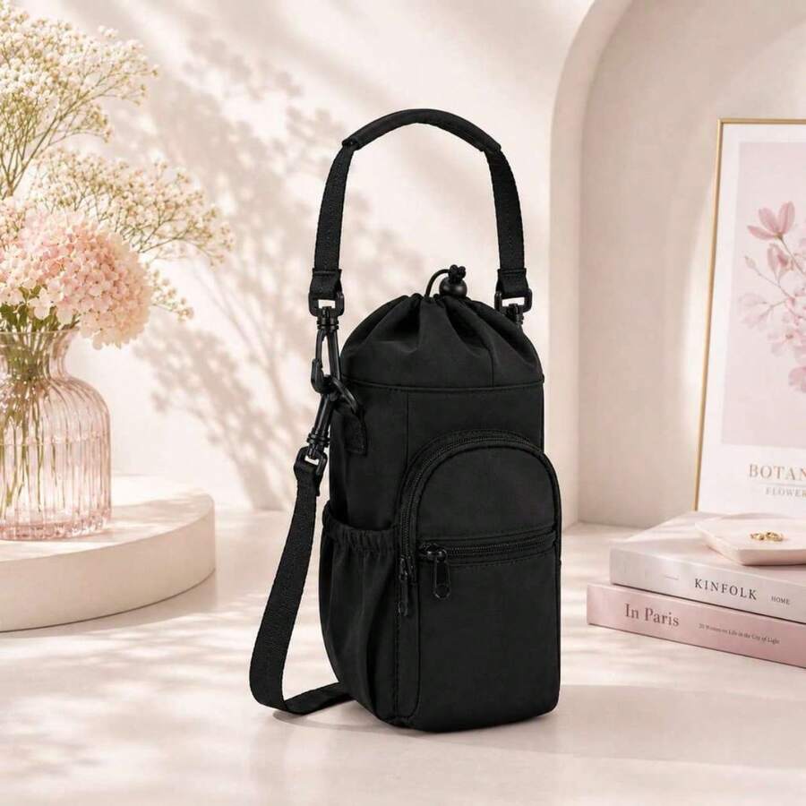 Bolsa Transversal Multifuncional Para Garrafa de Água Para Celular Chaveiro Viagem Com Alça De Ombro Ajustável CYC90718# - Preto - Visão 1