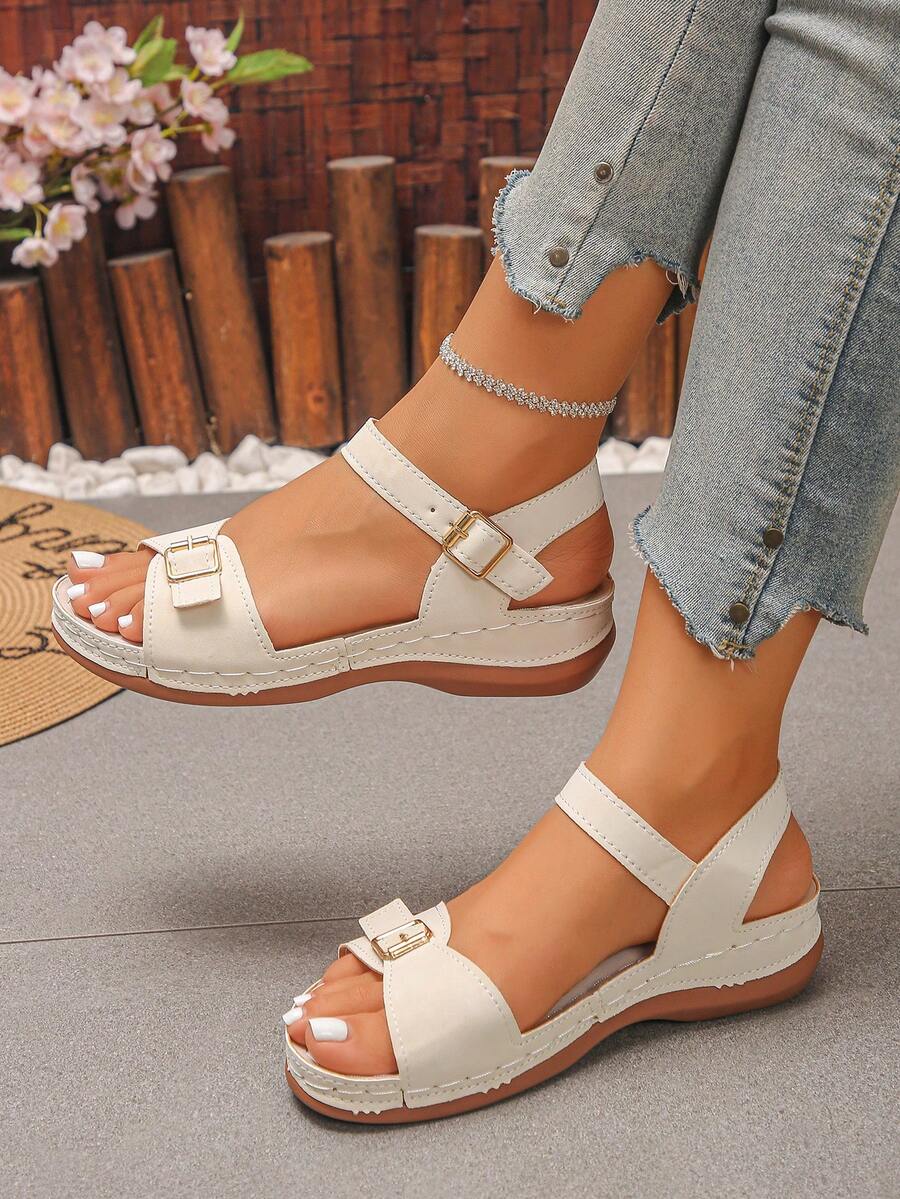 Women's Sandals, Comfortable And Lightweight, Single Buckle Design, Elegant And Fashionable, Suitable For Daily Wear, Summer Beige Sandals - Beige - View 1