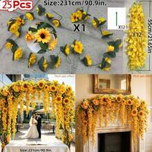 25件裝人造向日葵藤蔓，231cm/90.9in 黃色仿真花花環，包含12條花串與11個紮帶，逼真塑膠向日葵，適用於戶外露台、婚禮拱門、天花板裝飾、留言牆、樓梯，亮麗夏季派對裝飾 - 彩色 - 查看 12
