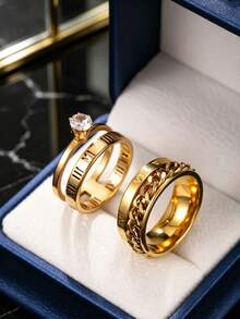 2 Styles Exquisite Commuter Gold-Plated Couple Rings, Roman Numeral Hollow Zirconia Ring, Rotatable Chain Wide Ring, Versatile Matching Set For Dating, Wedding, Valentine's Day (With Box) - Gold - View 1