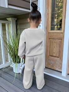 Tween Girl Digital Pattern Print Crew Neck Long Sleeve Top And Long Pants - Grey - View 3