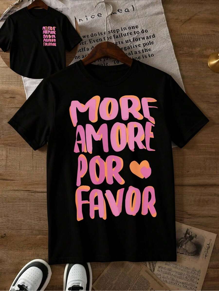 Vintage Men's T-Shirt With MORE AMORE POR FAVOR Text And Heart Print, Orange Lettering, Round Neck, Short Sleeves, Shiny Retro Top - 黑色 - 查看 1