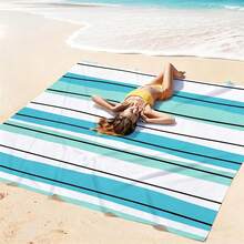 1pc Extra Large Striped Sand-Proof Quick-Dry Beach Towel Mat, Suitable For 1-3 Adults - Lightweight, Durable Polyester Fabric - Perfect For Travel, Camping, Hiking And Leisure Beach Time, Beach Mat, Picnic Mat, Camping Ground Cover - Mint Blue-green Vertical Stripes - View 6