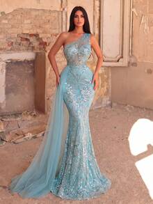 Faeriesty Vestido de gala elegante sin mangas con escote asimétrico estilo sirena para mujer, vestido largo formal de noche para boda, fiesta y otoño - Azul Cadete - Ver 5