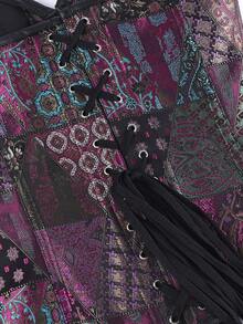 Gothic Patchwork Floral Jacquard Strapless Corset Black Faux Leather Panel Multi D Ring Decor Front Hook Waist Trainer Halloween Cosplay Party Shaper - Purple - View 6