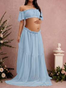 Maternity Sleeveless Ruched Dress, Chiffon Moderate Stretch Ruched Pleated Detail Front Slit Ruched Hem Maternity Photography Baby Shower Party Dress Spring - Baby Blue - View 6