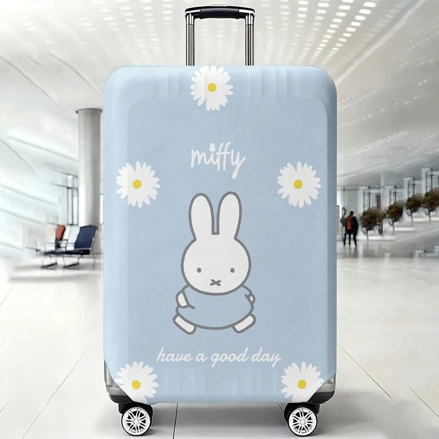 Miniso Light Blue Miffy Rabbit Daisy Border Print Elastic Luggage Cover, Anti-Scratch Washable Suitcase Protector For Airport Flight Vacation Business Trip - Color - View 1