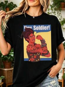 Baldur's Gatee 3 Karlach Hey Soldier T-Shirt 100% Cotton Retro Pop Art Design - 黑色 - 查看 1