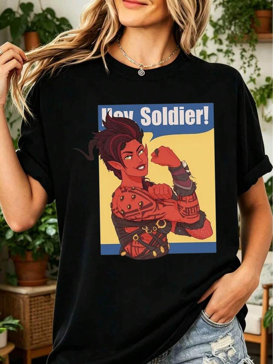 Baldur's Gatee 3 Karlach Hey Soldier T-Shirt 100% Cotton Retro Pop Art Design - 黑色 - 查看 1