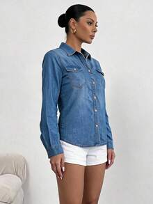 Denim Shirt – Long Sleeve, Button-Down Front, Classic Collar, Chest Flap Pockets, Casual Women's Top - 藍色 - 查看 3