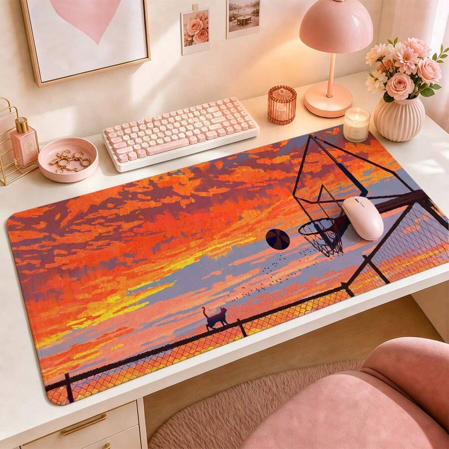 Orange Sunset Basketball Court Black Cat Illustration Large Mouse Pad, Healing Anime Sunset Landscape Non-Slip Stitched Edge Desk Mat, Thickened Keyboard Pad, Suitable For Students And Office - View 1