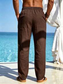 Mercer Haus Men's Brown Linen Long Pants Summer Vacation Style - Coffee Brown - View 8