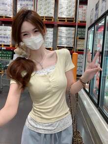 對比色花卉蕾絲飾邊鈕扣設計 2合1短袖T恤休閒夏季黃色 - 黃色 - 查看 6