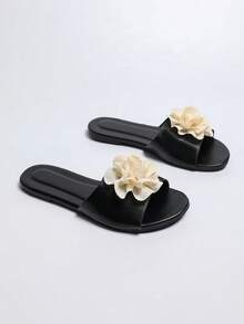 Sandalias planas de moda para mujer, pantuflas cómodas para interiores/exteriores para mujer, pantuflas de playa de verano para mujer - Negro - Ver 5