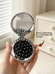 1pc Foldable Air Cushion Massage Comb, Round Electroplated Silver With Personalized Letter A-Z, Pink Bow, Star Pattern, Compact Portable Pocket Comb For Women's Hair Styling, Suitable As A Gift - Silver - View 3