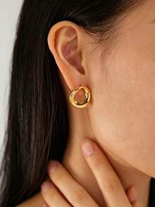 VJS 1 Pair European And American INS Style Exaggerated Geometric Hoop Earrings, Vacuum Plated Gold Stainless Steel Stud Earrings, Suitable For Commuting, Daily Shopping, Dating, Vacation, Party, Workplace Outfit, Gift Giving - Geometric Hoop Earrings - View 6