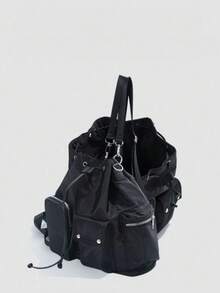 Mochila de viaje de gran capacidad con múltiples bolsillos estilo coreano de nicho, bolso de hombro ligero y versátil con cordón - Negro - Ver 5