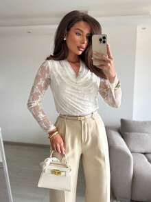 Women's Autumn White Floral Sheer Mesh Cowl Neck Ruched Slim Fit Lace Top, Suitable For Dating, Business Commute, Vacation, Office Wear, Afternoon Tea Gathering, Party And Other Occasions - White - View 5