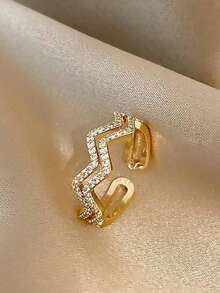 1 buah Cincin Minimalis Dua Lapis dengan Hiasan Zirkonia Mikro, Cincin Jari Telunjuk Wanita dengan Desain Unik Bentuk Gelombang, Aksesori Tangan Sederhana, Elegan, dan Serbaguna - Emas - View 3