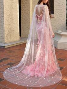 Pearl Chain Wedding Shawl Floral Wedding Cloak - Milky - View 2