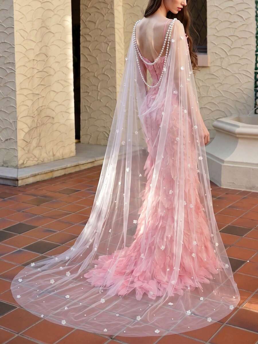 Pearl Chain Wedding Shawl Floral Wedding Cloak